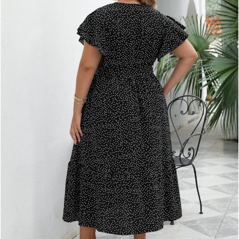 Ruffle Short Sleeve Midi Dress Polka Dot with pockets - Picture 3 of 15
